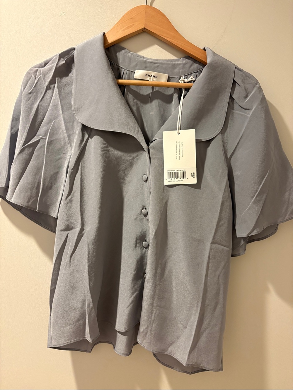 Frame Pale Gray blue Button-Front Flutter Sleeve 100 % silk Blouse